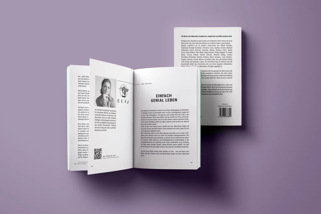 Doppelseite des Buches „Erfolgscode: Geniales Leben“ mit Text und einem Foto einer Frau