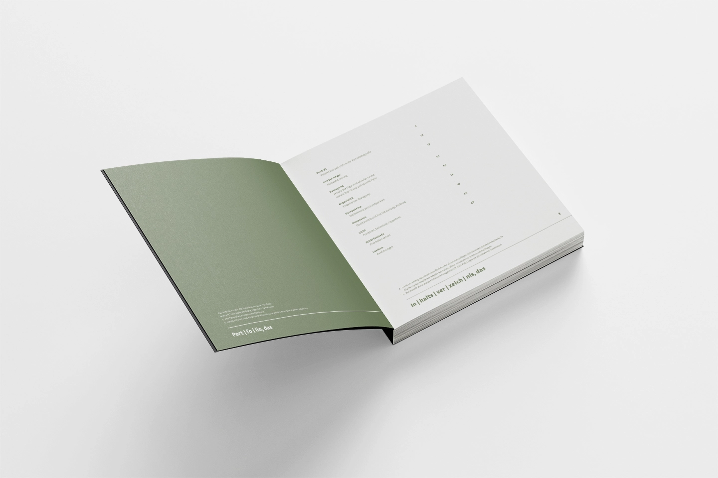 Aufgeschlagenes Buch mit Inhaltsverzeichnis auf weißem Hintergrund, zeigt minimalistische Buchgestaltung.