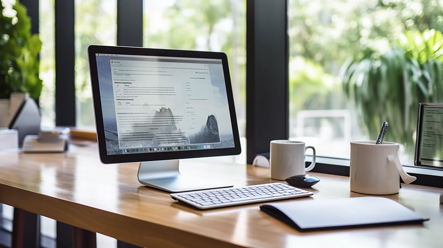 Moderne Büroarbeitsplatz mit einem iMac, auf dessen Bildschirm ein Manuskript in Word geöffnet ist, umgeben von einer Tasse, einer Maus und einem Notizbuch auf einem hölzernen Schreibtisch mit Blick auf ein Fenster mit Grünflächen.